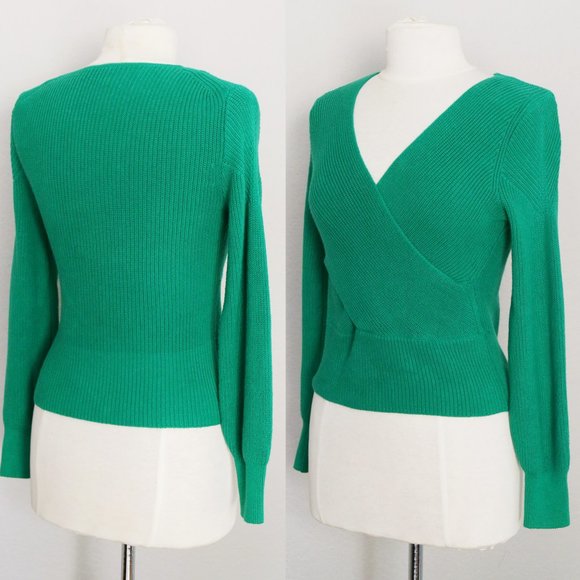 Anthropologie Moth Liza Surplice V Neck Faux Wrap Sweater Kelly Green Ribbed XSP - Picture 14 of 15